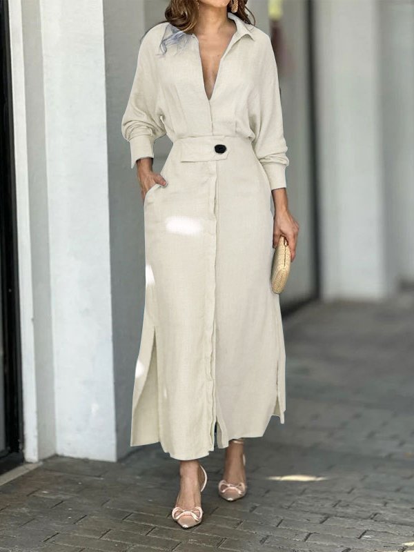 Women's Long Sleeve Spring/Fall Plain Split Joint V Neck Daily Going Out Maxi Dress