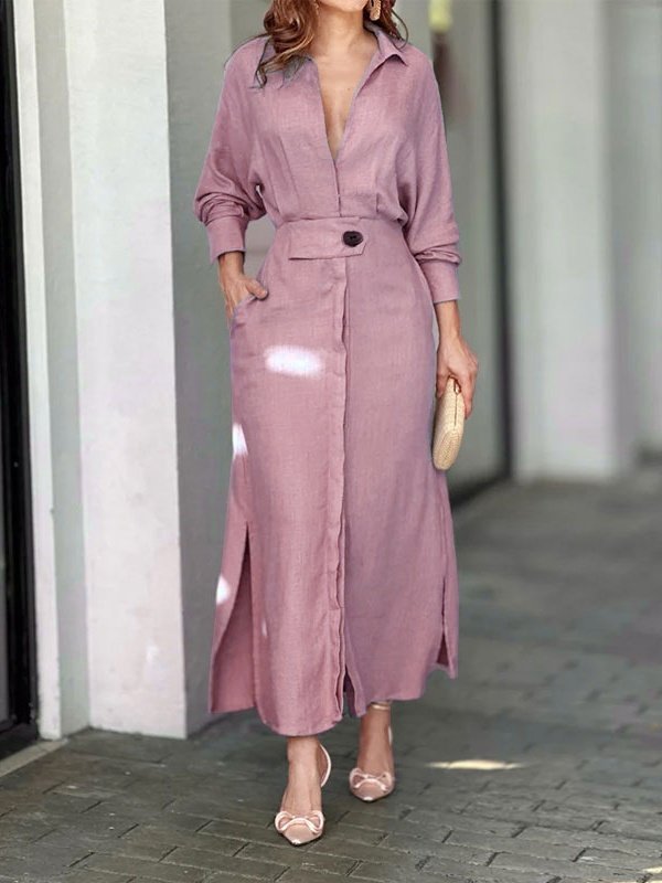 Women's Long Sleeve Spring/Fall Plain Split Joint V Neck Daily Going Out Maxi Dress