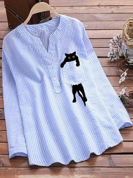 Women's Long Sleeve Shirt Spring/Fall Sky Blue Striped Split Joint V Neck Daily Going Out Casual Top