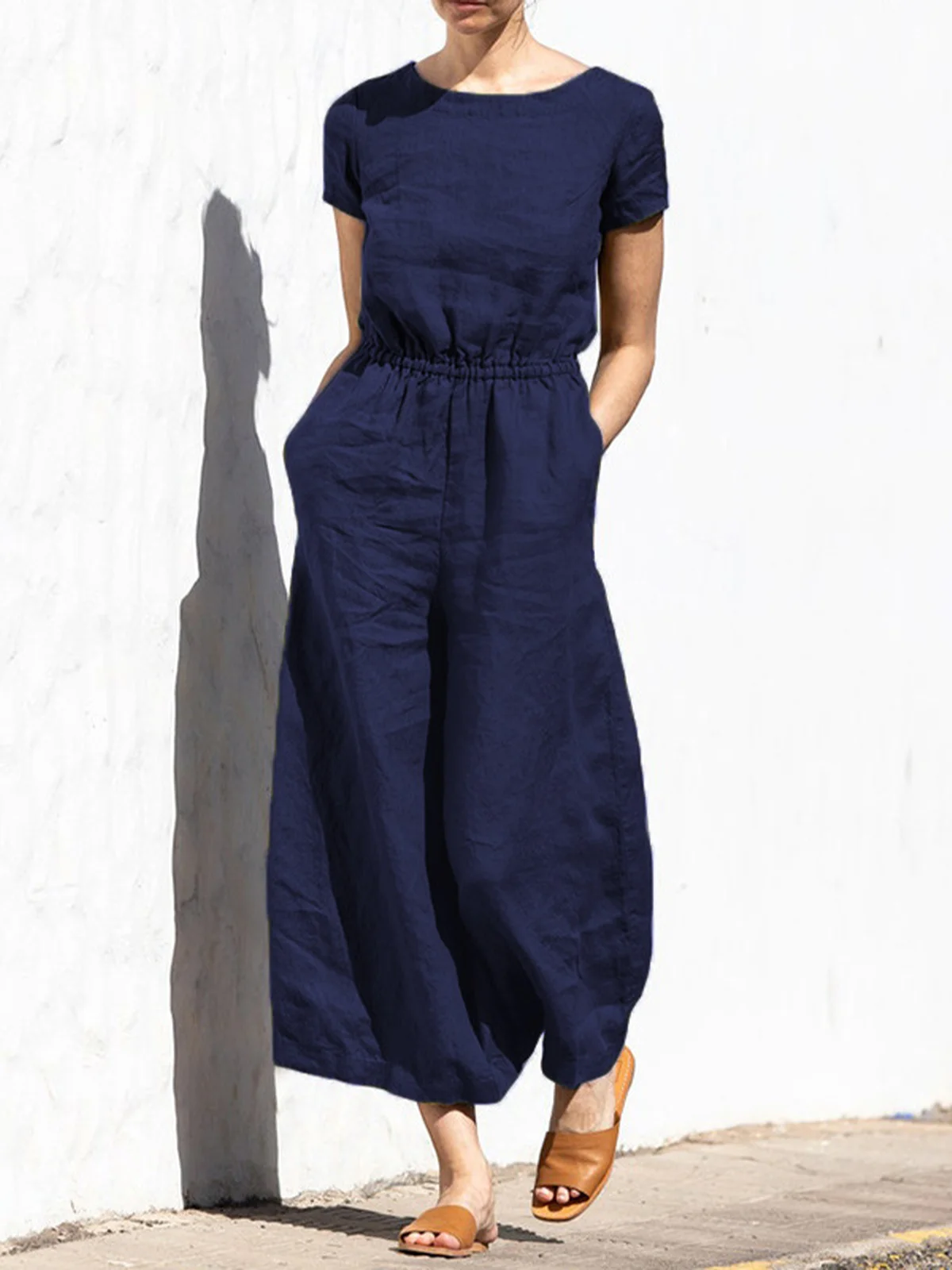 Casual Regular Sleeve Plain Crew Neck Jumpsuit