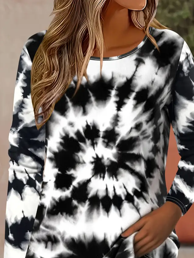 Women's Long Sleeve T-shirt Spring/Fall Black-white Tie-Dye Pattern Printing Jersey Crew Neck Daily Going Out Casual Top