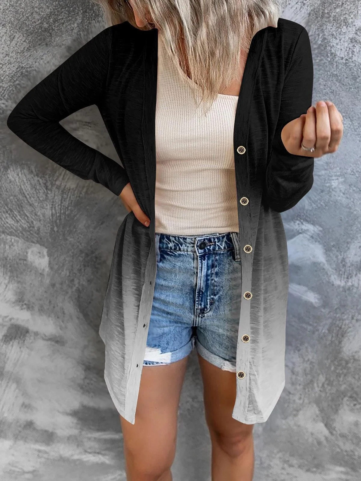 Floral Geometric Print Gradient Patchwork Mid-length Coat Cardigan