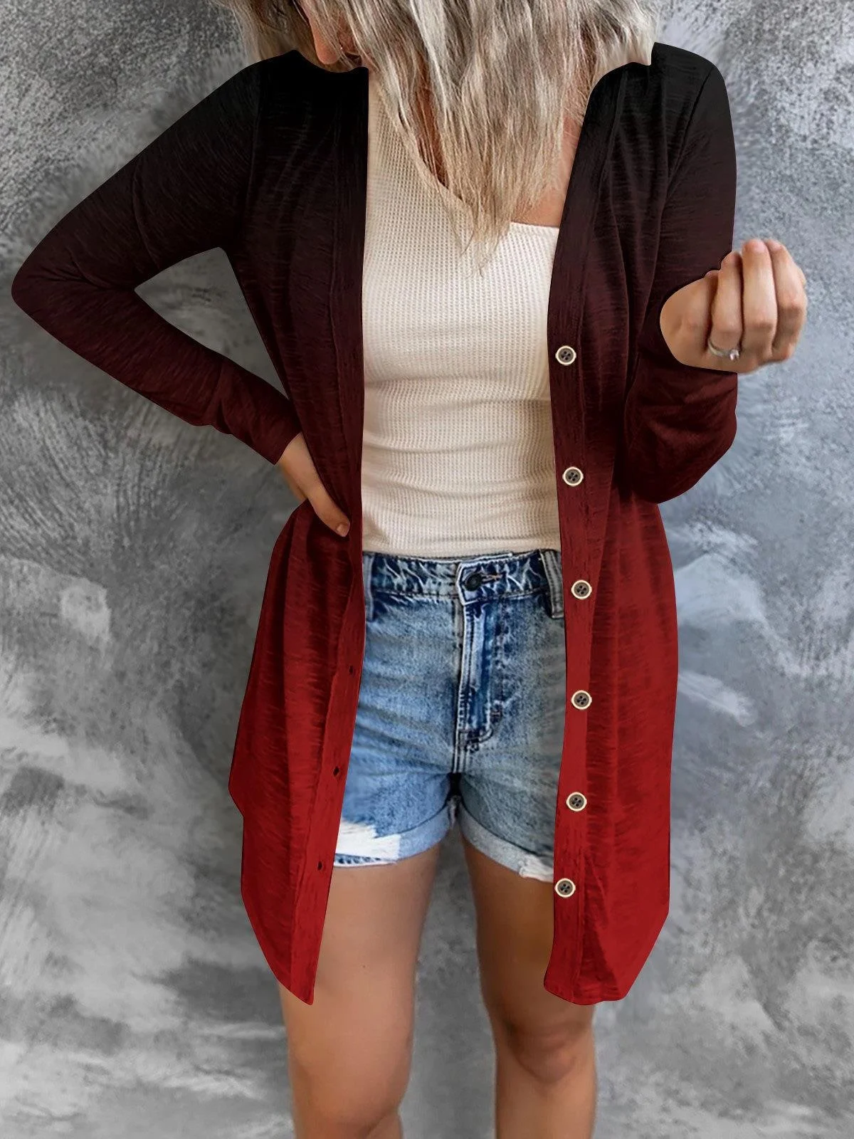 Floral Geometric Print Gradient Patchwork Mid-length Coat Cardigan