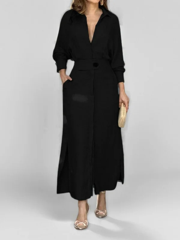 Women's Long Sleeve Spring/Fall Plain Split Joint V Neck Daily Going Out Maxi Dress