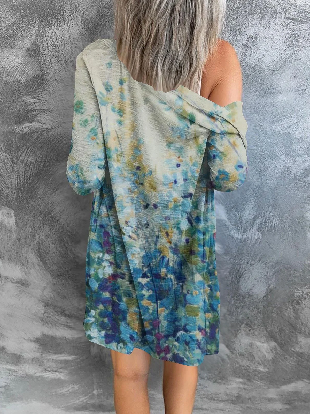Floral Geometric Print Gradient Patchwork Mid-length Coat Cardigan