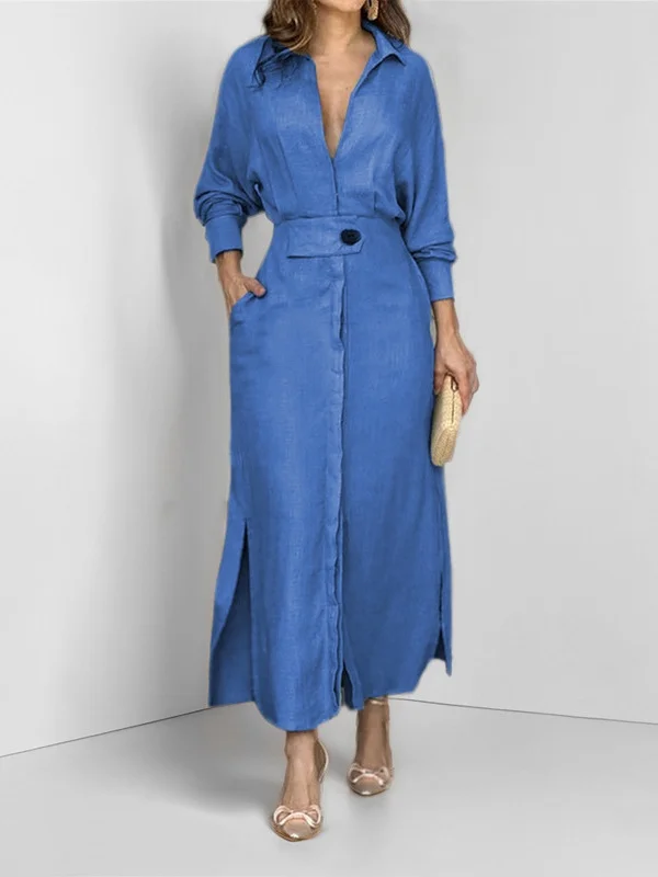 Women's Long Sleeve Spring/Fall Plain Split Joint V Neck Daily Going Out Maxi Dress