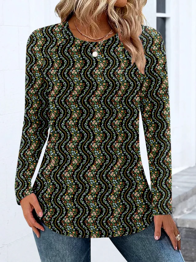 Women Casual Color Block Spring/Fall Polyester Micro-Elasticity Regular Fit Long Sleeve Regular Regular T-shirts