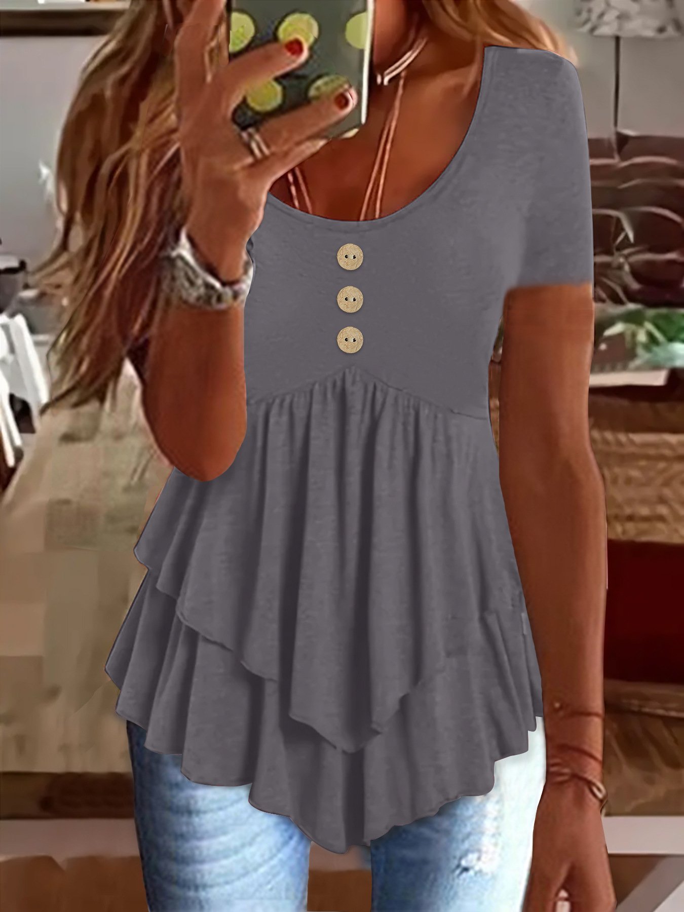Elegant Commuting Slim Fit Three-Button Casual Solid Color Short-Sleeved Dress Top