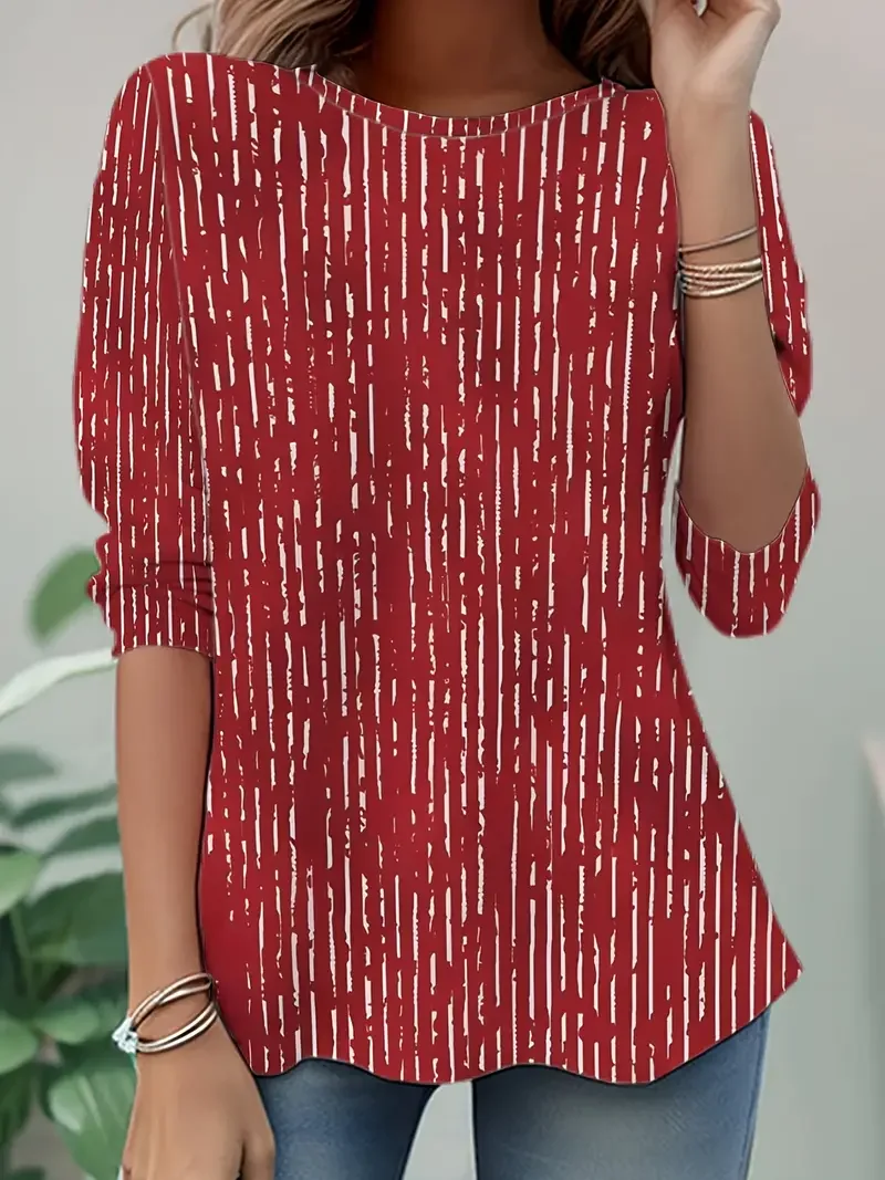 Women's Long Sleeve T-shirt Spring/Fall Red Abstract Stripes Printing Jersey Crew Neck Daily Going Out Casual Top