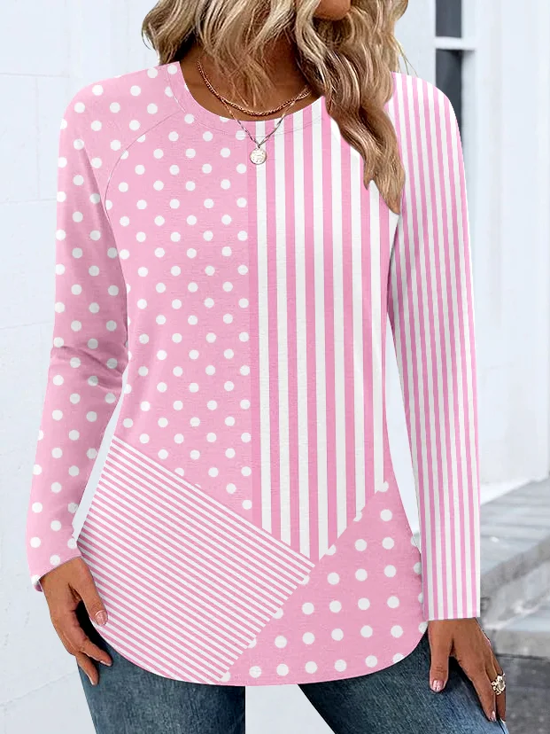 Women Casual Color Block Spring/Fall Cotton Micro-Elasticity Daily Crew Neck A-Line Regular T-shirts
