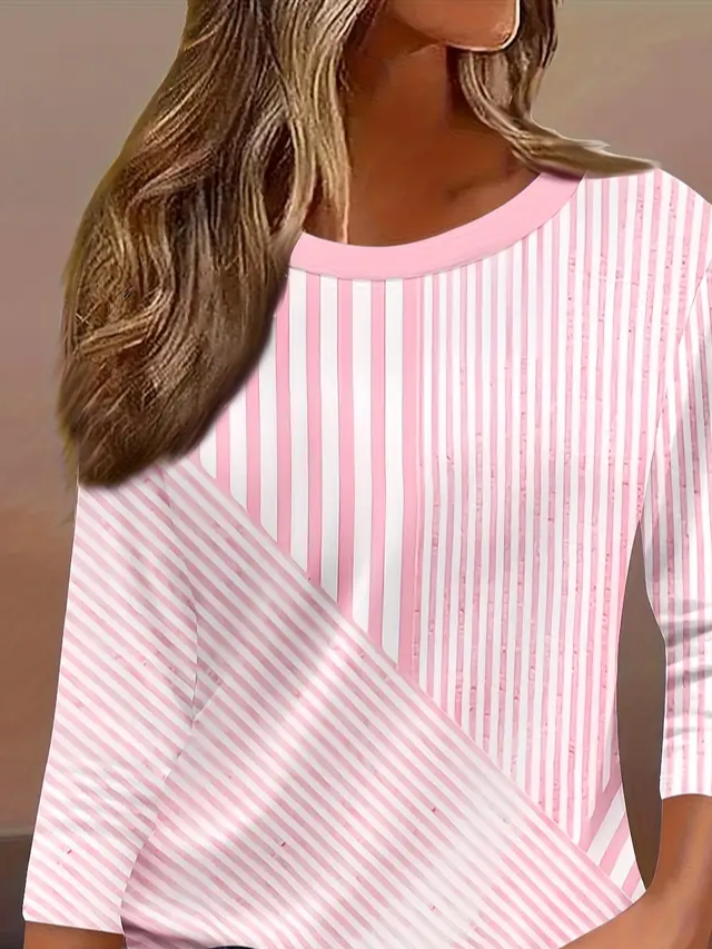 Women's Three Quarter Sleeve T-shirt Spring/Fall Pink Striped Crew Neck Daily Going Out Casual Top