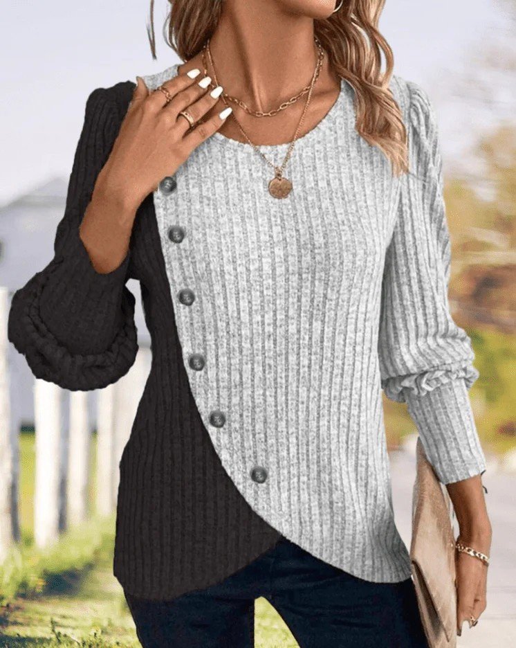 Slim Fit Round Neck Color Matching Ribbed Cross Hem Long Sleeve Spring And Autumn Knitted Commuter T-Shirt Top