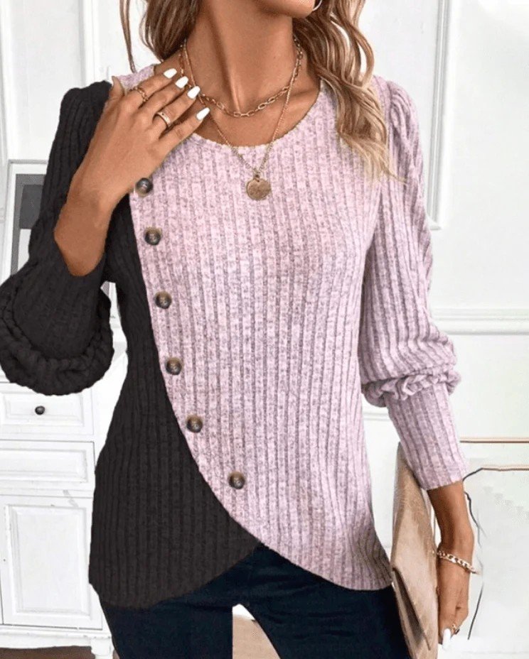 Slim Fit Round Neck Color Matching Ribbed Cross Hem Long Sleeve Spring And Autumn Knitted Commuter T-Shirt Top