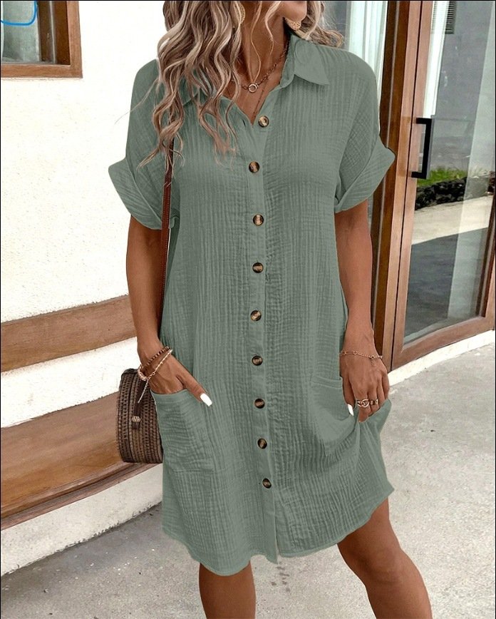 Solid Color Single-Breasted Mid-Length Short-Sleeved Loose Casual Commuter Dress