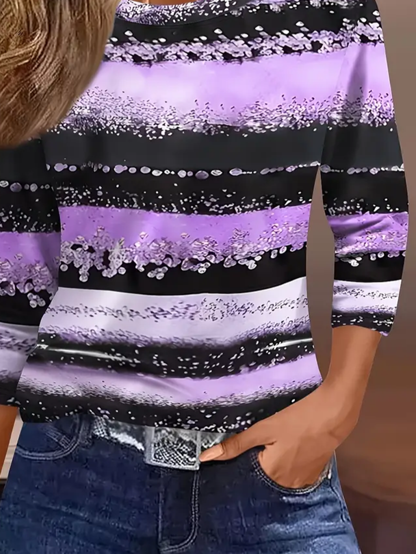Women's Three Quarter Sleeve T-shirt Spring/Fall Purple Striped Crew Neck Daily Going Out Casual Top