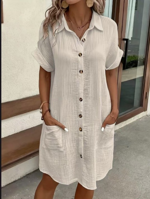 Solid Color Single-Breasted Mid-Length Short-Sleeved Loose Casual Commuter Dress