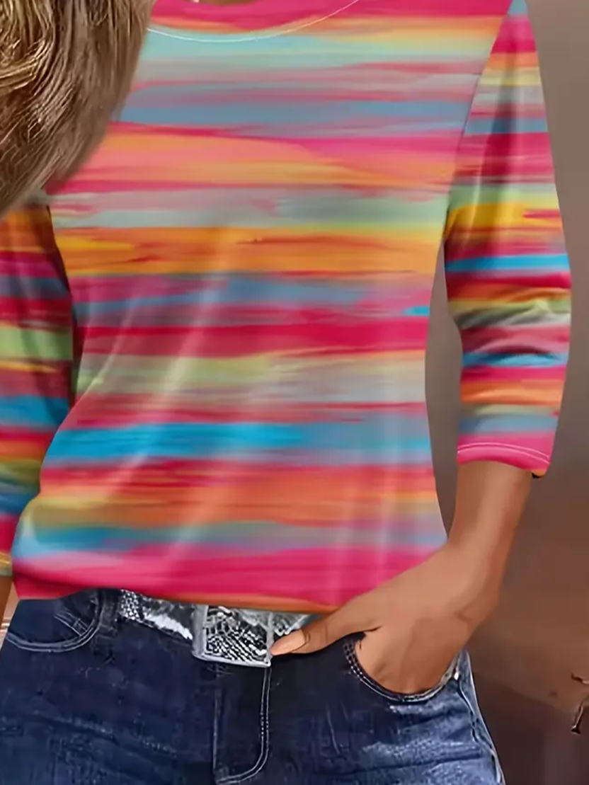 Women's Three Quarter Sleeve T-shirt Spring/Fall As Picture Striped Crew Neck Daily Going Out Casual Top