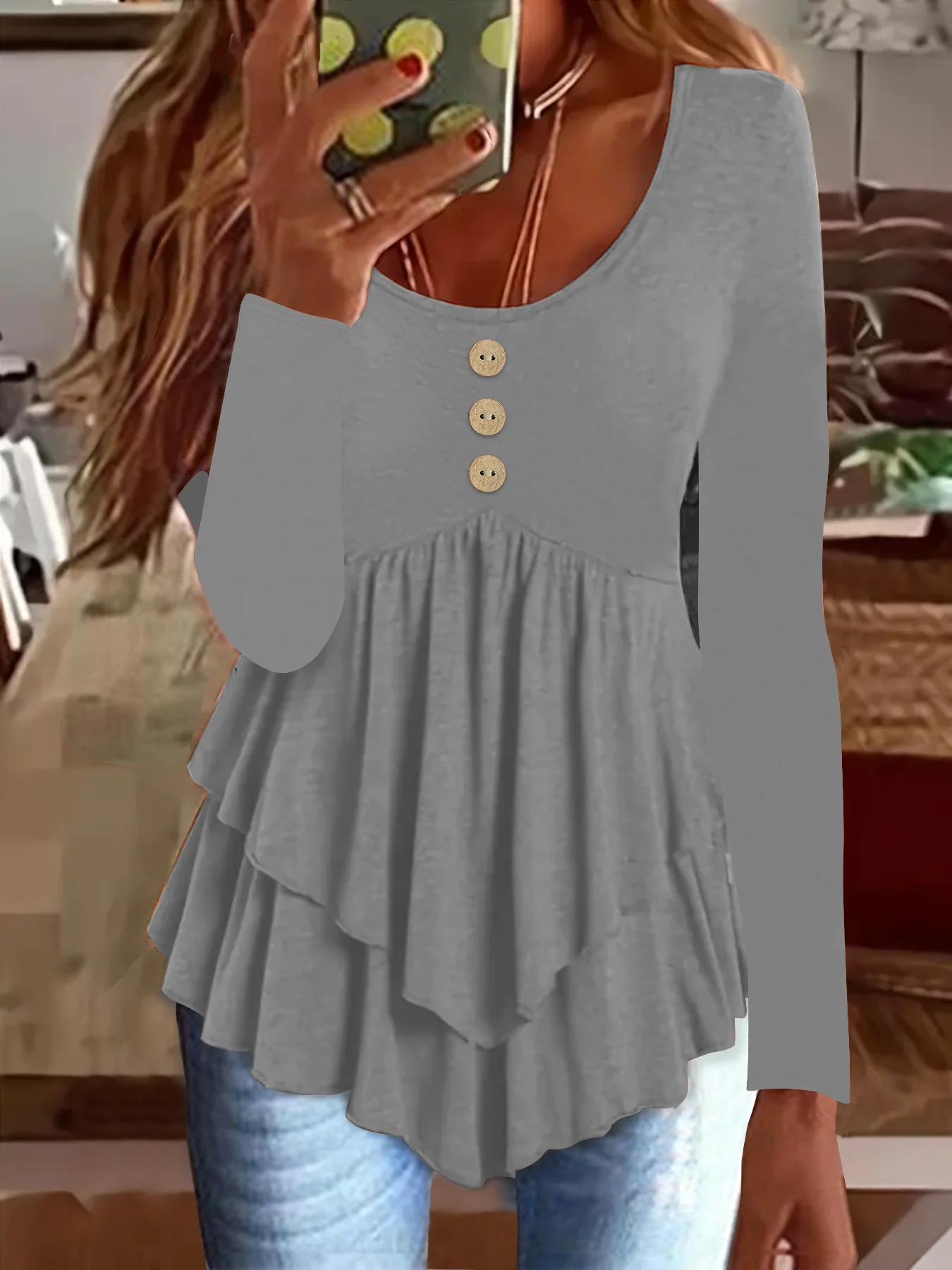 Elegant Commuting Slim Fit Three-Button Casual Solid Color Long-Sleeved Dress Top