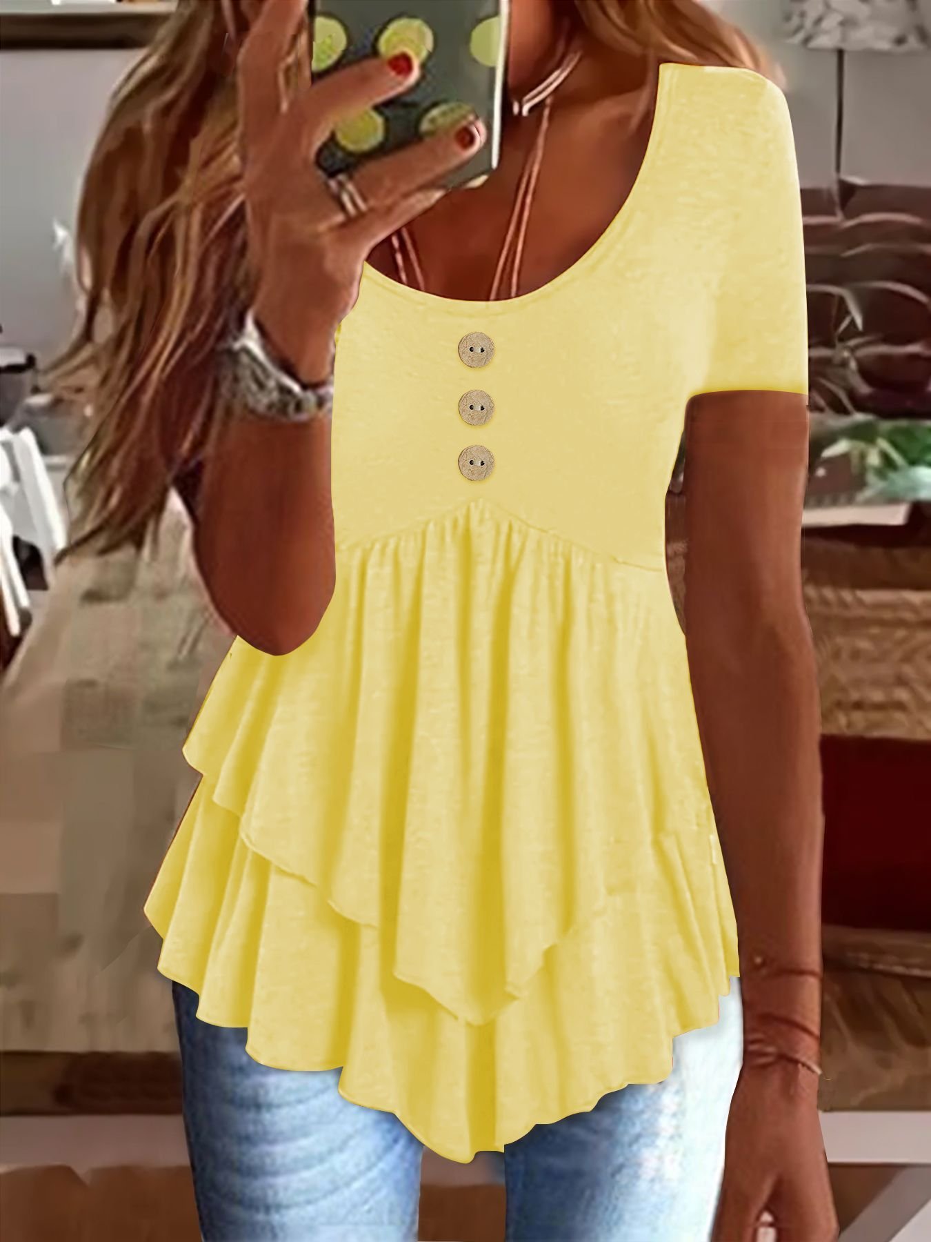 Elegant Commuting Slim Fit Three-Button Casual Solid Color Short-Sleeved Dress Top