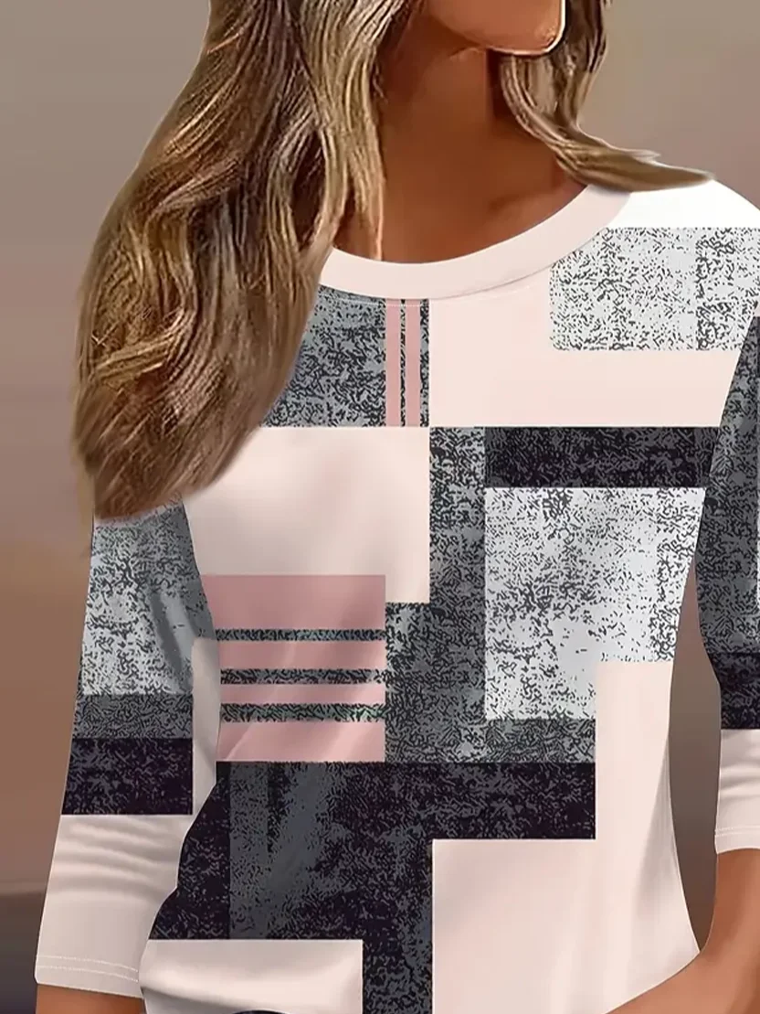 Women's Three Quarter Sleeve T-shirt Spring/Fall Pink Geometric Crew Neck Daily Going Out Casual Top
