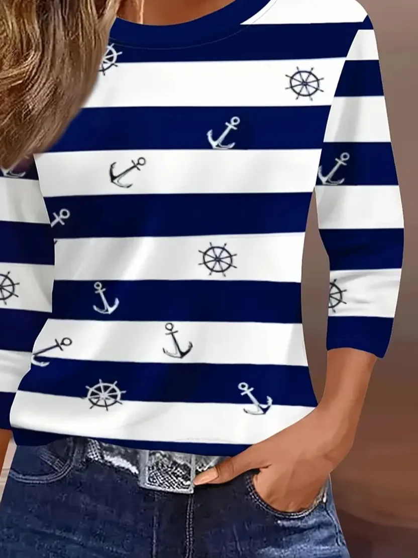 Women's Three Quarter Sleeve T-shirt Spring/Fall Purplish blue Striped Crew Neck Daily Going Out Casual Top