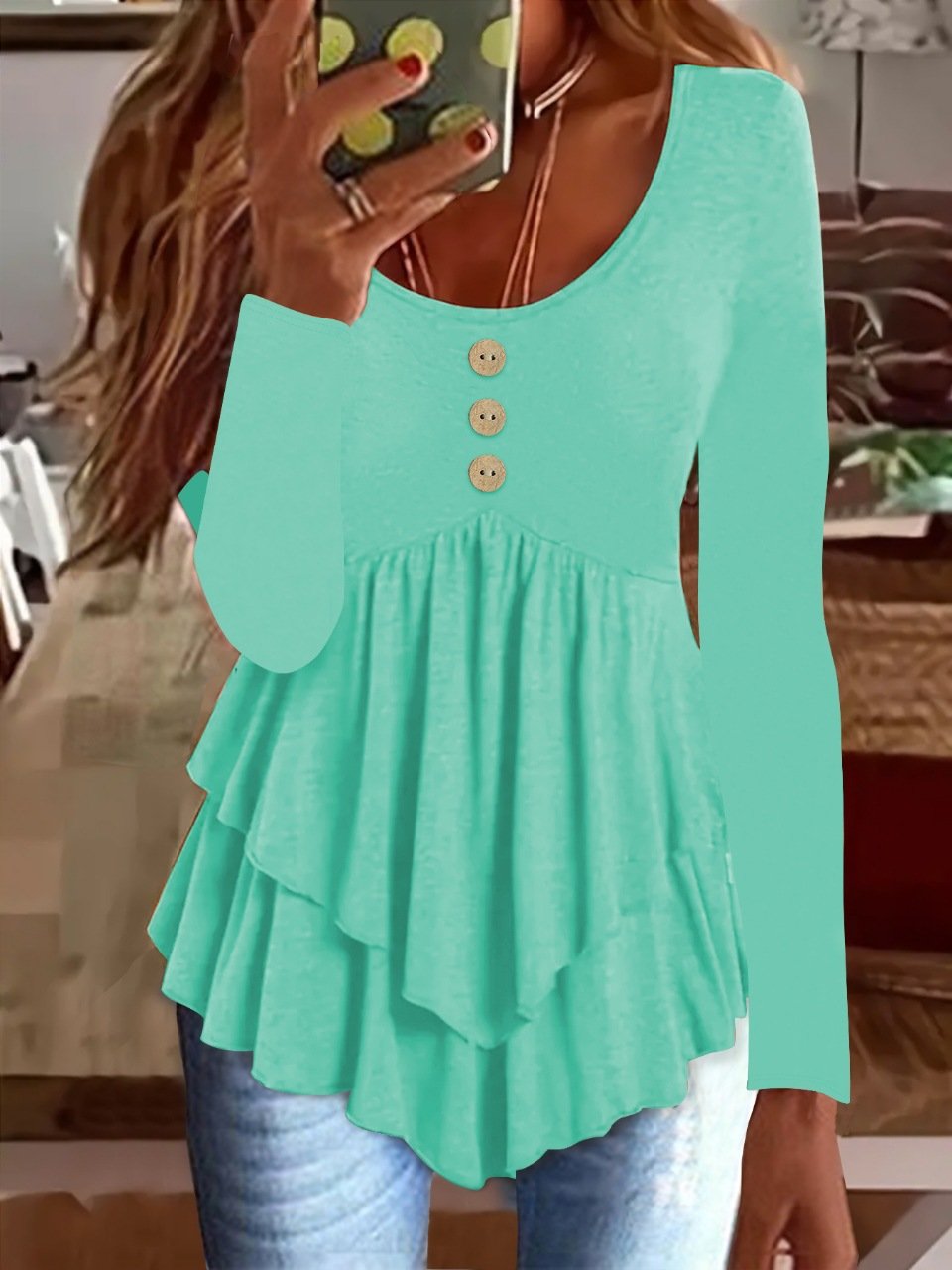 Elegant Commuting Slim Fit Three-Button Casual Solid Color Long-Sleeved Dress Top