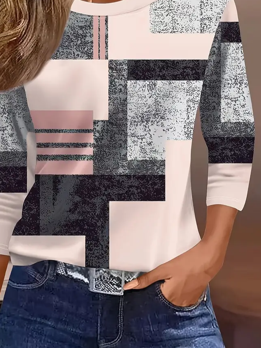 Women's Three Quarter Sleeve T-shirt Spring/Fall Pink Geometric Crew Neck Daily Going Out Casual Top