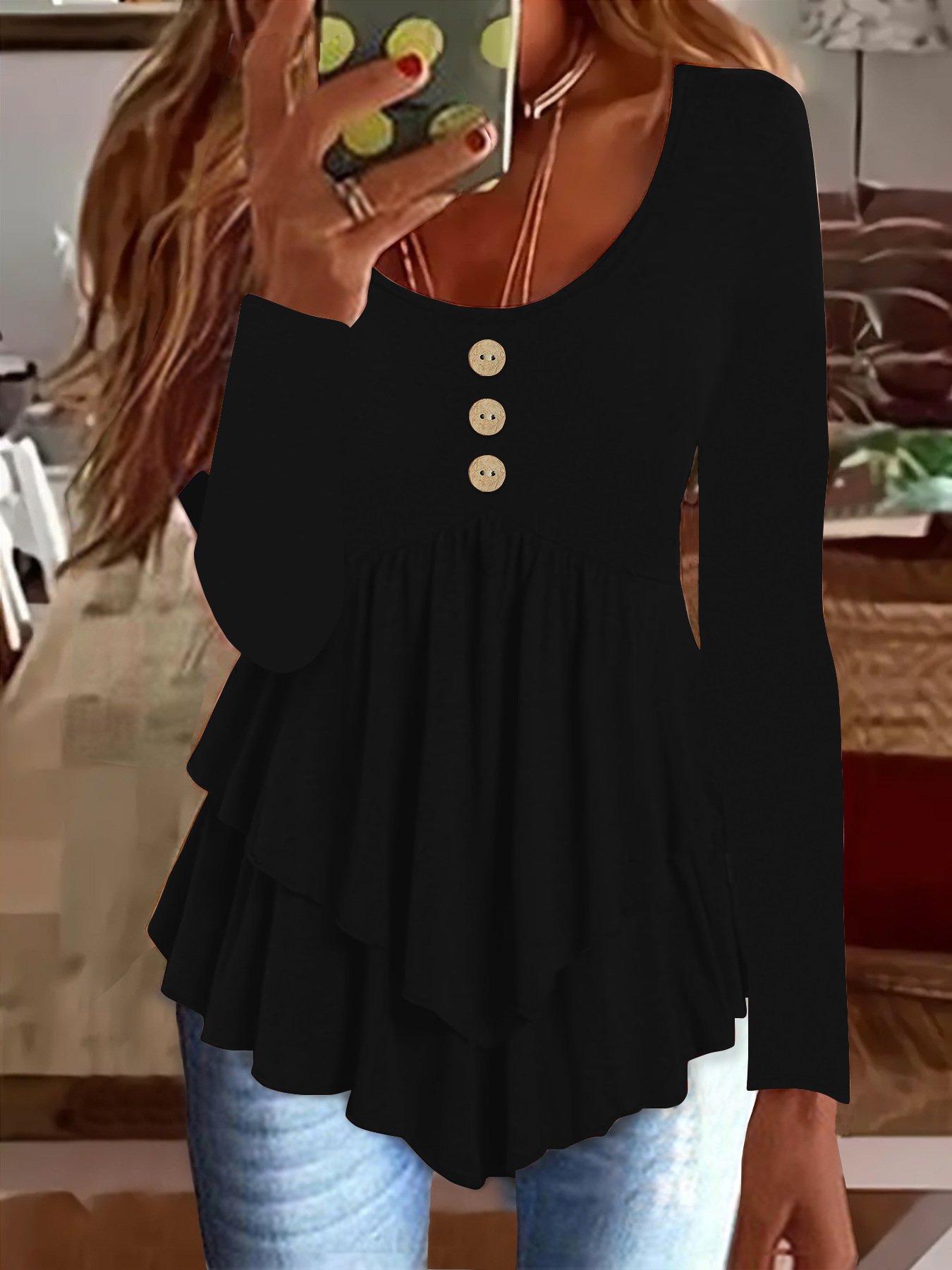 Elegant Commuting Slim Fit Three-Button Casual Solid Color Long-Sleeved Dress Top