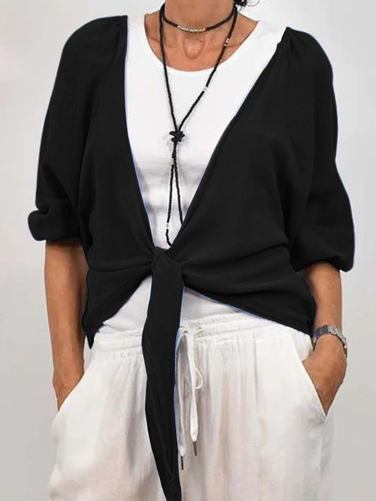 New Style Casual Loose Fashion Long Sleeve Solid Color Lace-up Knitted Sweater Top With Cardigan
