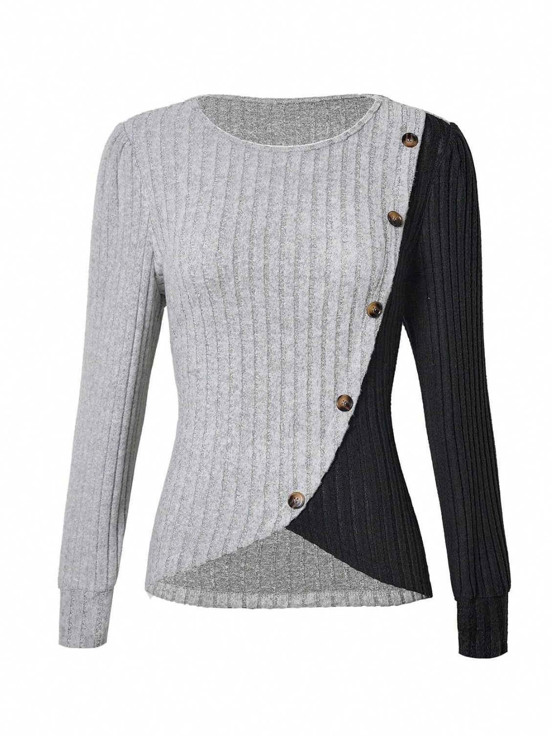 Slim Fit Round Neck Color Matching Ribbed Cross Hem Long Sleeve Spring And Autumn Knitted Commuter T-Shirt Top