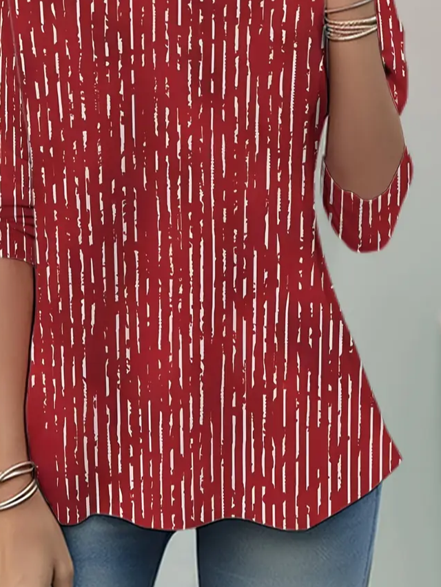 Women's Long Sleeve T-shirt Spring/Fall Red Abstract Stripes Printing Jersey Crew Neck Daily Going Out Casual Top
