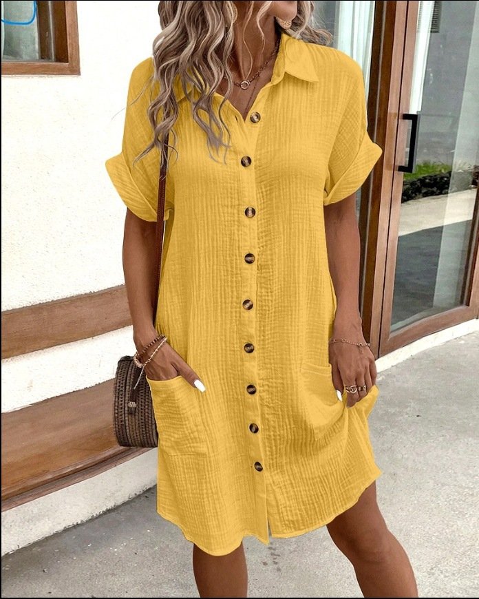 Solid Color Single-Breasted Mid-Length Short-Sleeved Loose Casual Commuter Dress