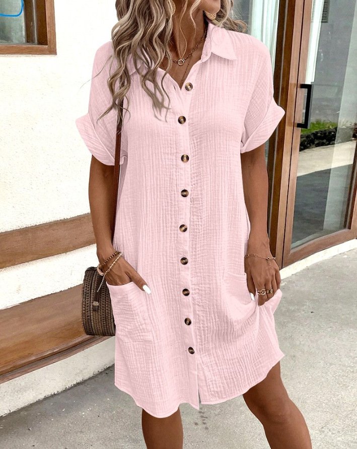 Solid Color Single-Breasted Mid-Length Short-Sleeved Loose Casual Commuter Dress