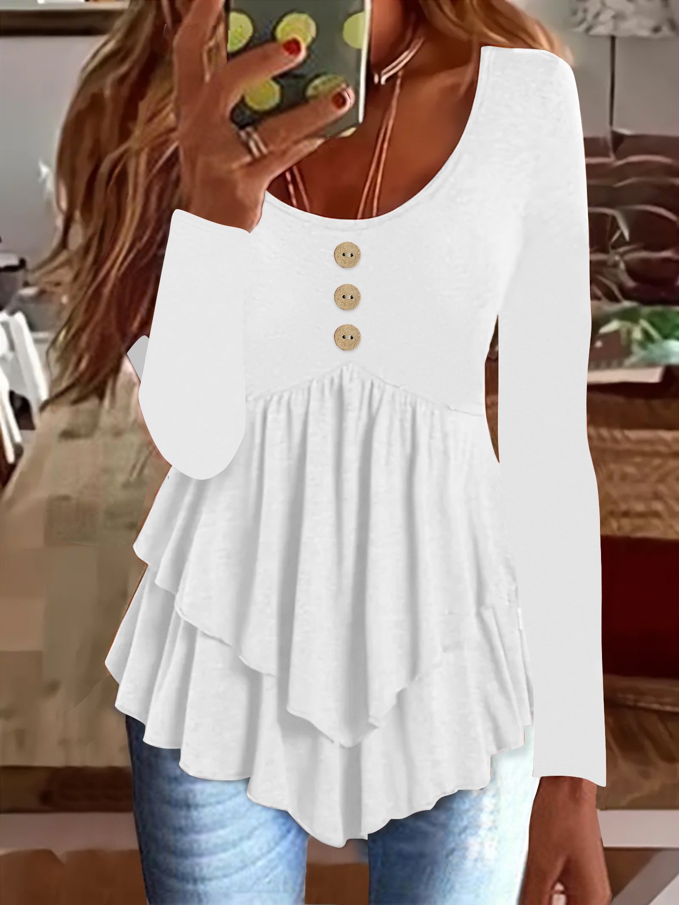 Elegant Commuting Slim Fit Three-Button Casual Solid Color Long-Sleeved Dress Top
