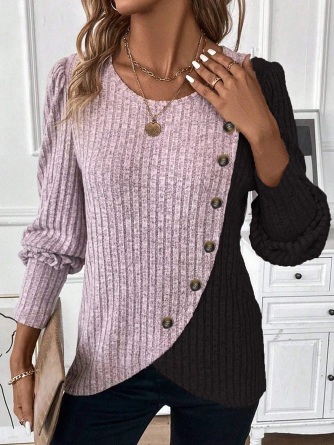 Slim Fit Round Neck Color Matching Ribbed Cross Hem Long Sleeve Spring And Autumn Knitted Commuter T-Shirt Top