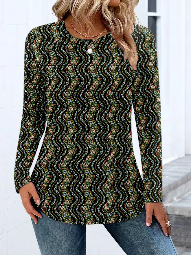 Women Casual Color Block Spring/Fall Polyester Micro-Elasticity Regular Fit Long Sleeve Regular Regular T-shirts