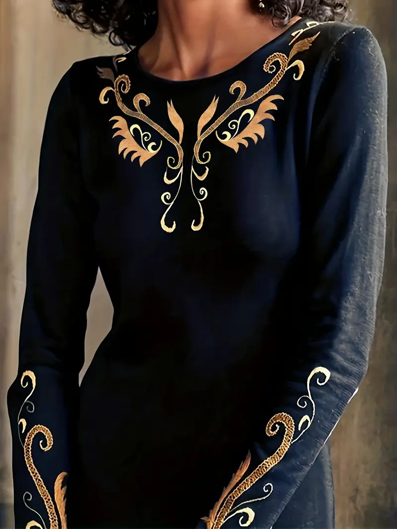 Women's Long Sleeve T-shirt Spring/Fall Black Ethnic Printing Jersey Crew Neck Daily Going Out Casual Top