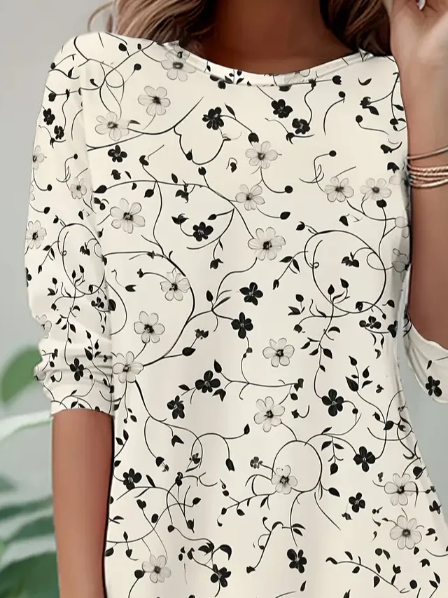 Women's Long Sleeve T-shirt Spring/Fall Apricot Floral Printing Jersey Crew Neck Daily Going Out Casual Top