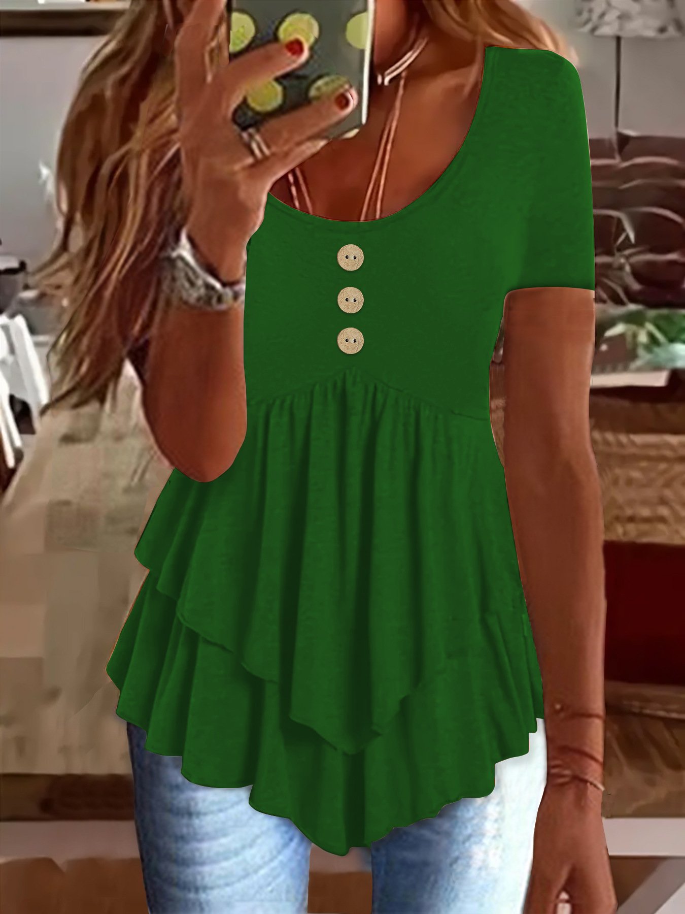 Elegant Commuting Slim Fit Three-Button Casual Solid Color Short-Sleeved Dress Top