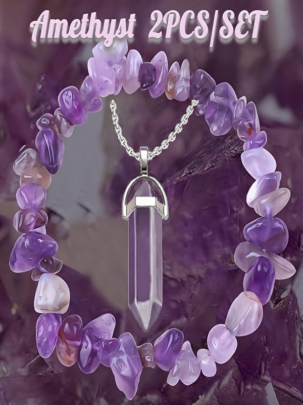 Natural Stone Gravel Crystal Ladies Chain Bracelet Irregular Small Gravel Amethyst Bracelet Elastic Bracelet Necklace 2-piece Set