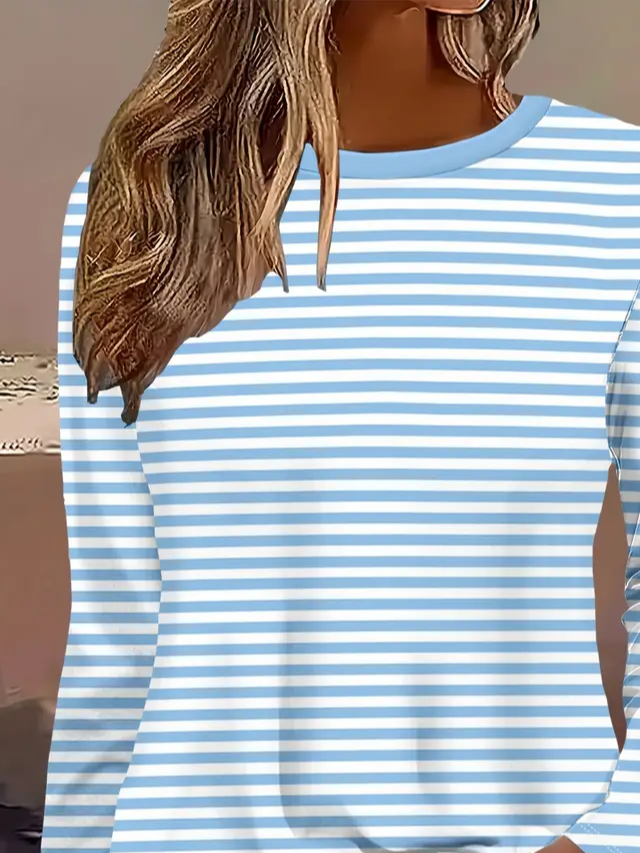 Women's Long Sleeve T-shirt Spring/Fall Blue Striped Printing Jersey Crew Neck Daily Going Out Casual Top