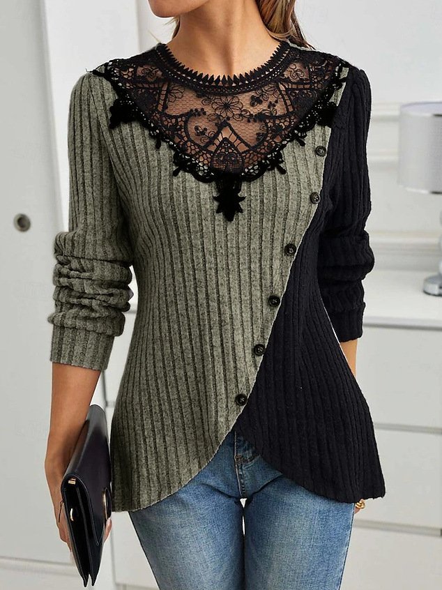 Slim Fit Lace Round Neck Color Matching Ribbed Cross Hem Long Sleeve Knitted Elegant Commuter T-Shirt Top