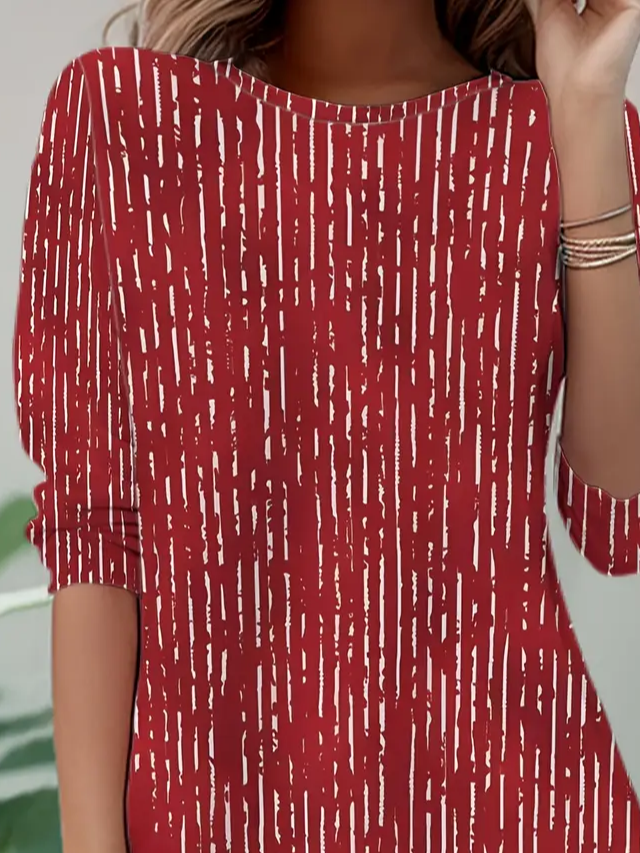 Women's Long Sleeve T-shirt Spring/Fall Red Abstract Stripes Printing Jersey Crew Neck Daily Going Out Casual Top