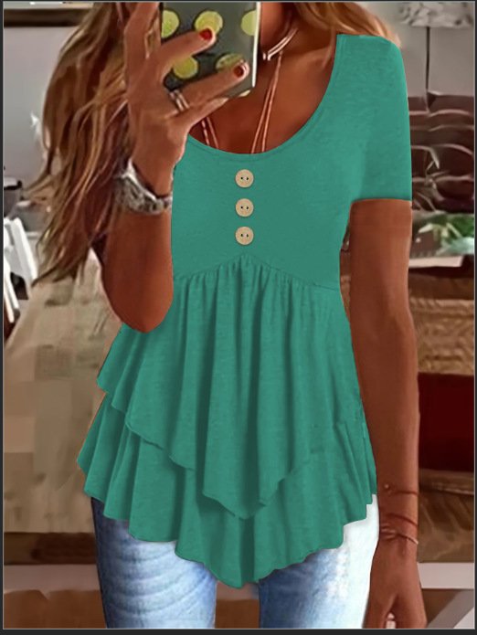 Elegant Commuting Slim Fit Three-Button Casual Solid Color Short-Sleeved Dress Top