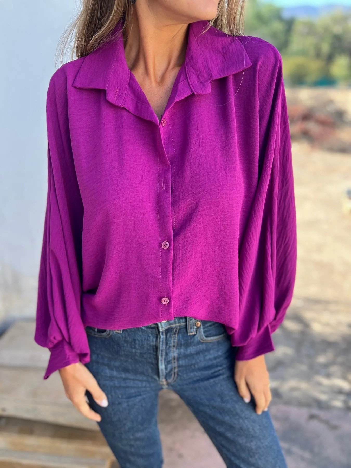 Women's Long Sleeve Shirt Spring/Fall Fuchsia Plain Split Joint Shawl Collar Dolman Sleeve Daily Going Out Casual Top