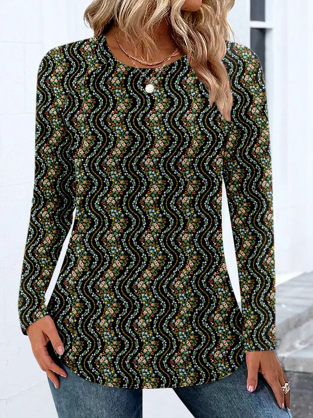Women Casual Color Block Spring/Fall Polyester Micro-Elasticity Regular Fit Long Sleeve Regular Regular T-shirts
