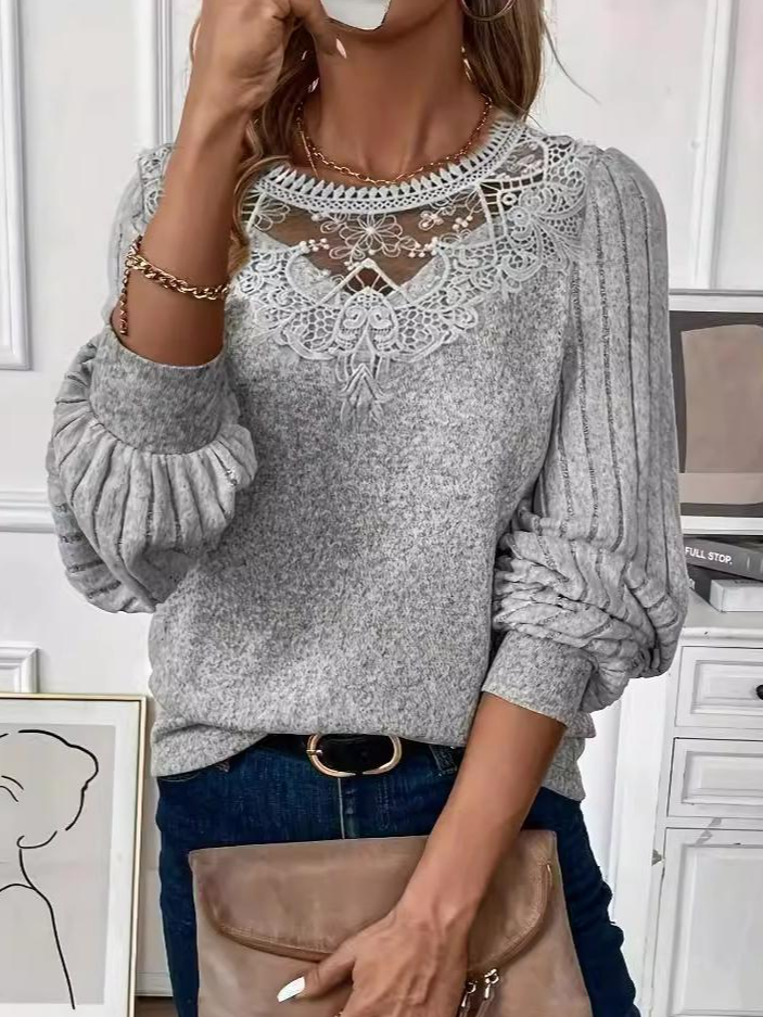 Drop Shoulder Ribbed Lace Collar Long Sleeve Spring And Autumn Knitted Commuter T-Shirt Top