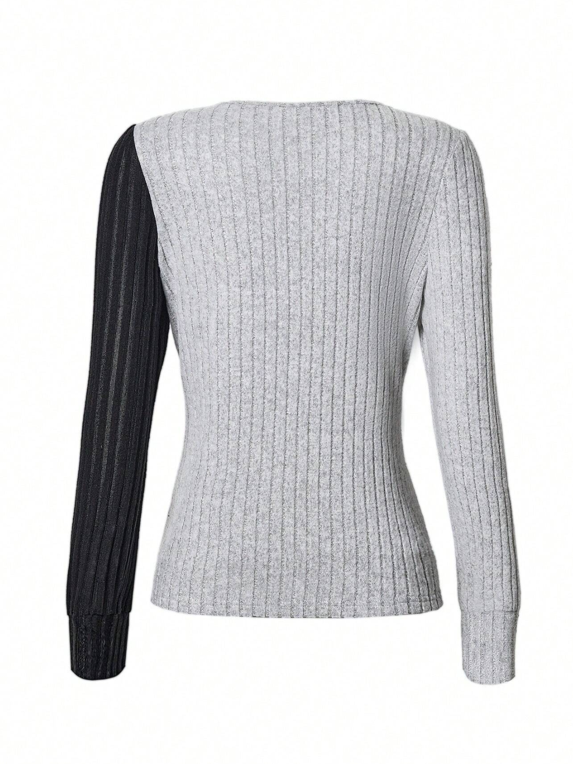Slim Fit Round Neck Color Matching Ribbed Cross Hem Long Sleeve Spring And Autumn Knitted Commuter T-Shirt Top