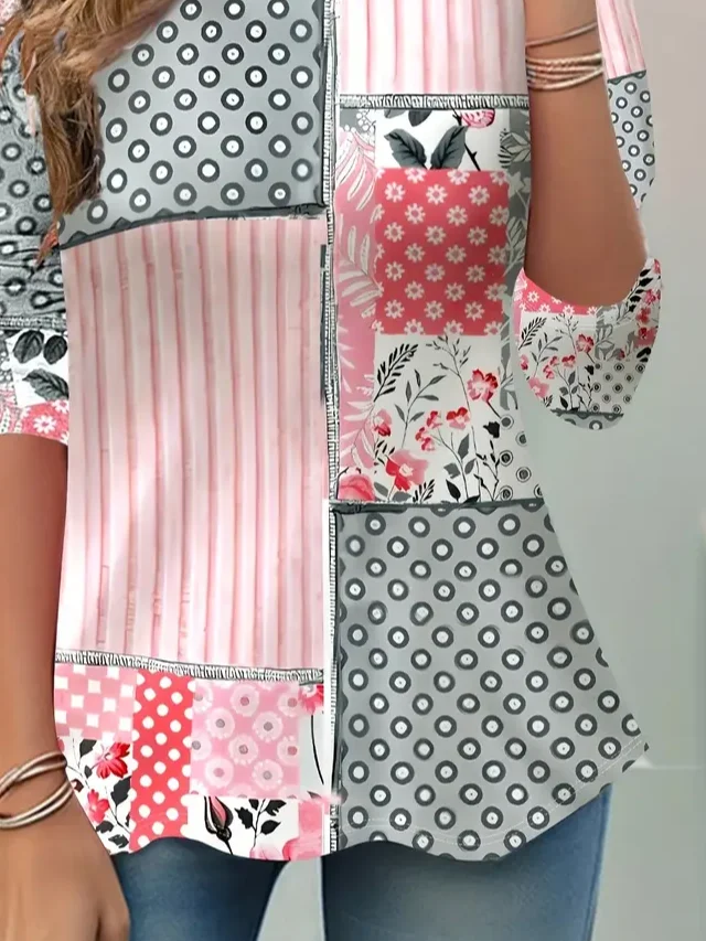 Women's Long Sleeve T-shirt Spring/Fall Pink Floral Printing Jersey Crew Neck Daily Going Out Casual Top
