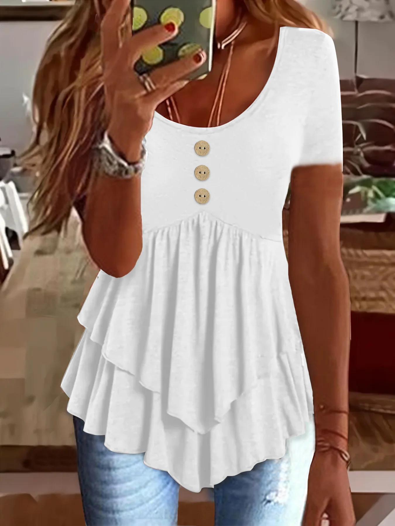 Elegant Commuting Slim Fit Three-Button Casual Solid Color Short-Sleeved Dress Top